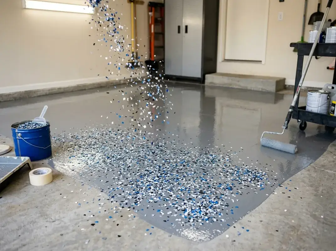 Decorative flake garage floor coating